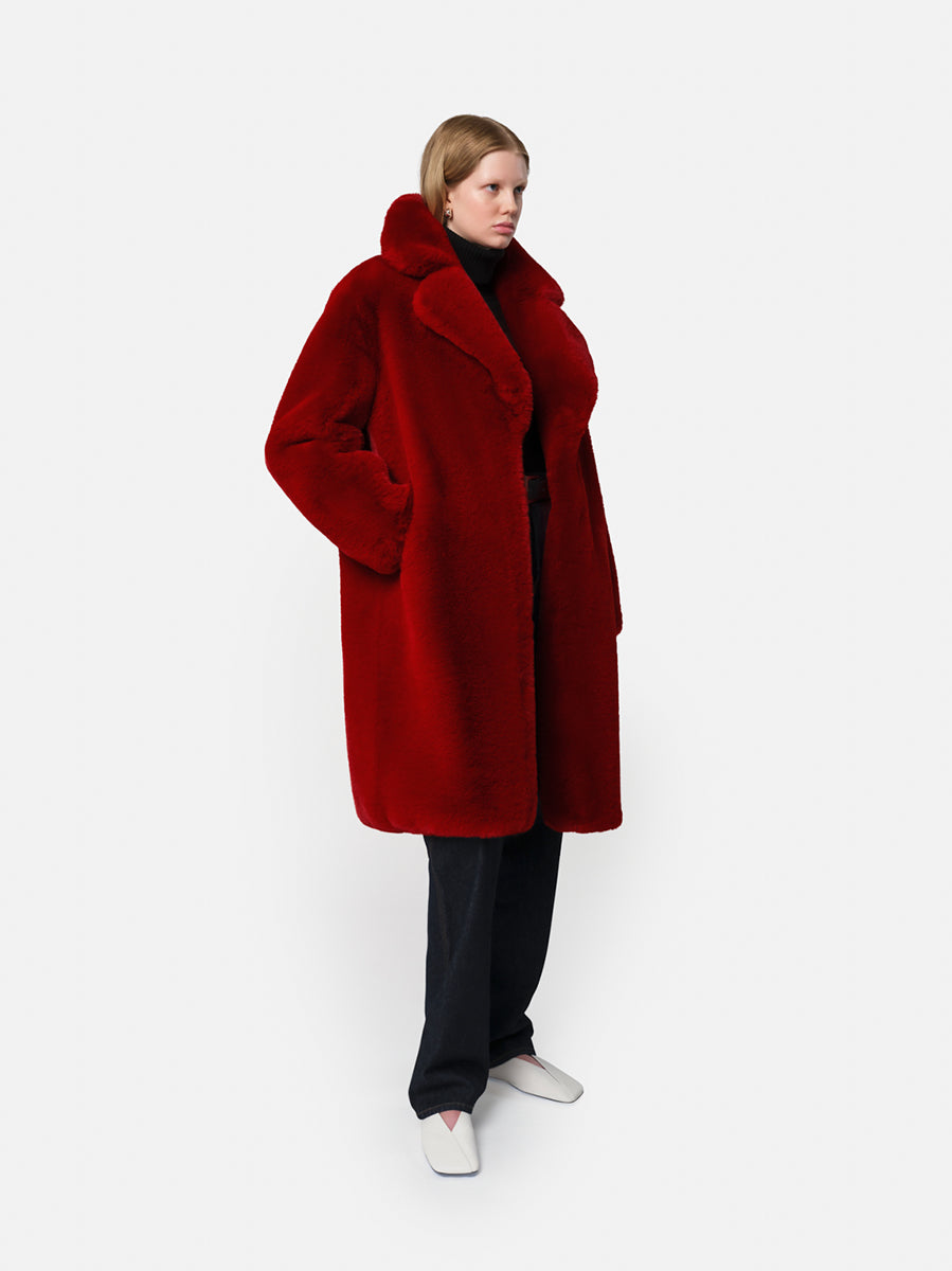 Red faux fur coat with hood on sale